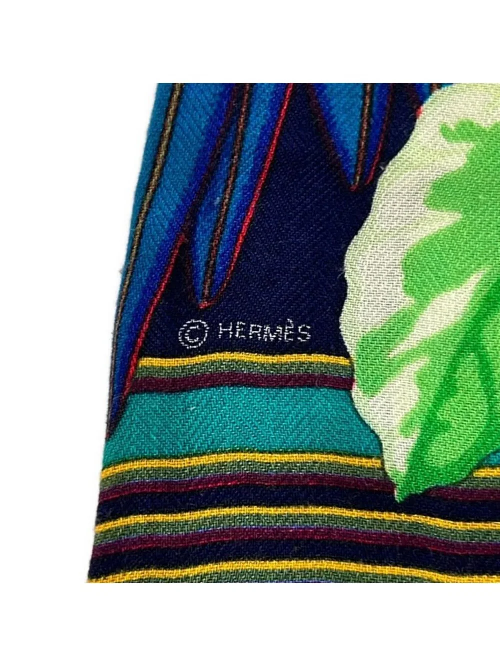 Hermes Shawl Carre 90 Navy Green les Perroquets Bird Leaf Pattern Cashmere Silk